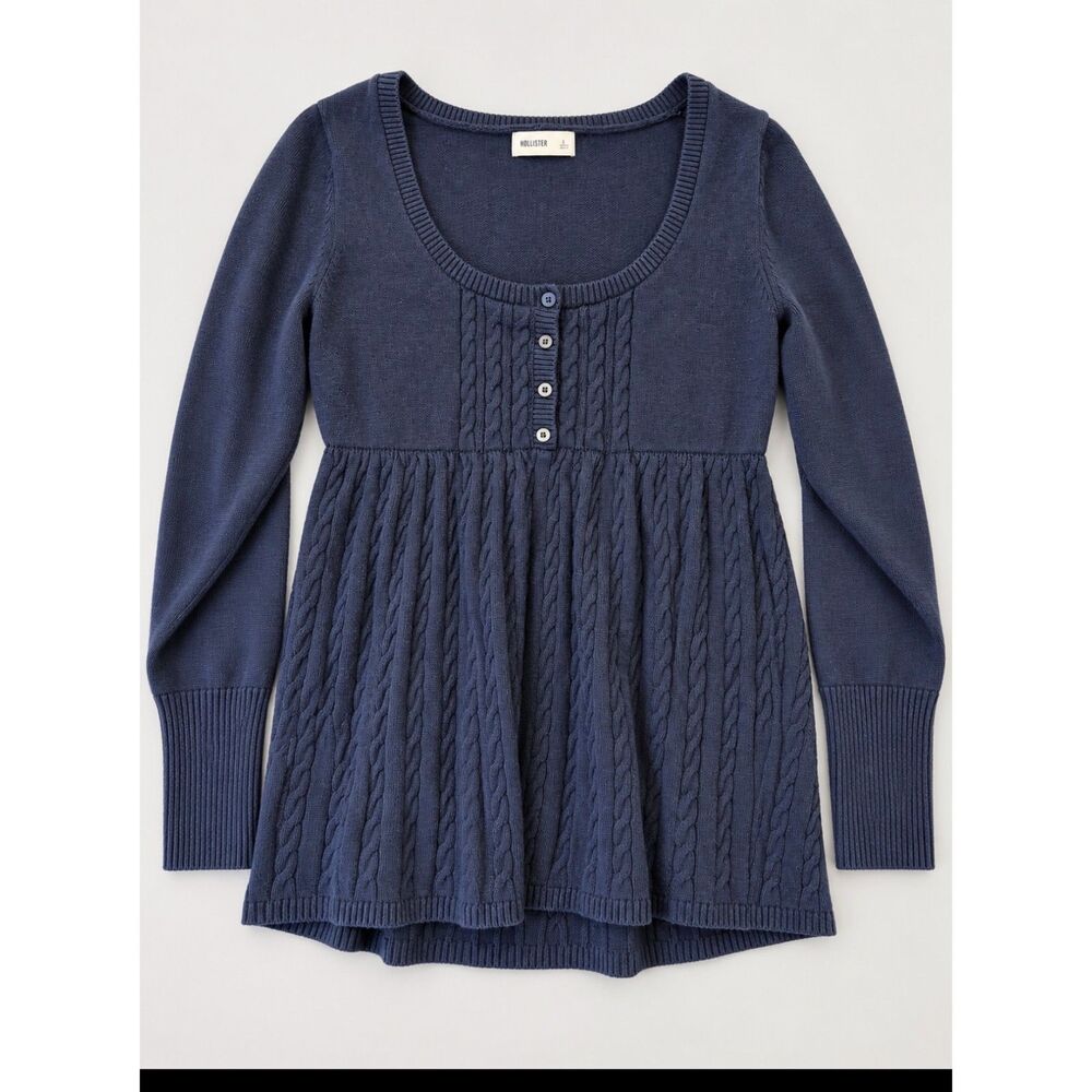 Hollister Navy Cable Knit Babydoll Sweater Top Size L